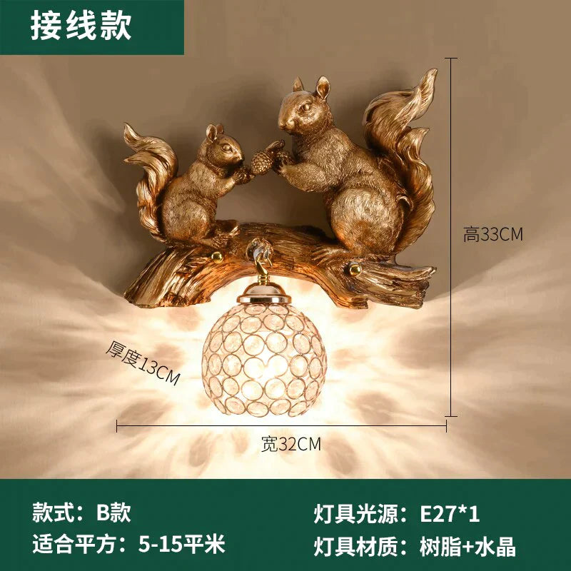 Nordic Vintage Style Resin Squirrel Crystal Led Wall Lamp