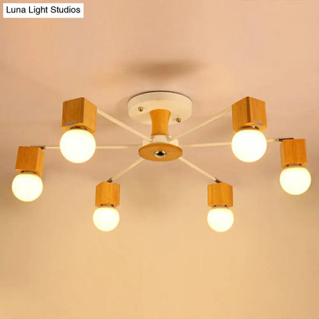 Nordic White And Beige Wooden Cube Semi Mount Flush Light With Open Bulb Design