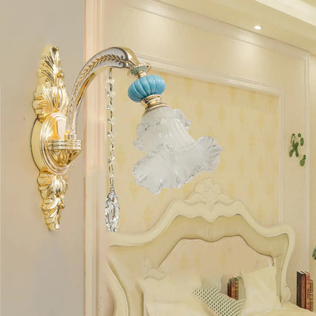 Nordic White Glass Flower Wall Mount Light With Crystal Drop - Gold Accent Ideal For Bedroom 1/2