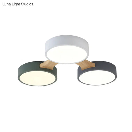 Nordic Wood And Metal Flush Ceiling Light - Round Grey Shade 3/4/5 Lights Ideal For Bedroom