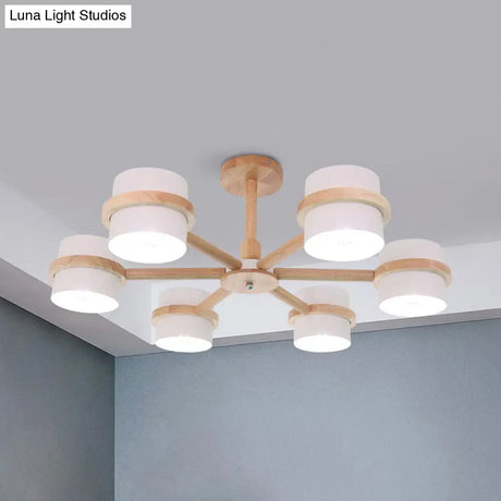 Nordic Wood Cylinder Chandelier - 6-Light Ceiling Pendant For Foyer And Cloth Shop