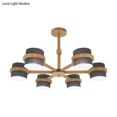 Nordic Wood Cylinder Chandelier - 6-Light Ceiling Pendant For Foyer And Cloth Shop