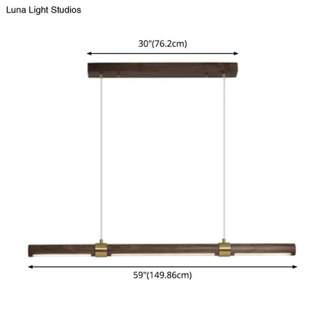Nordic Wood Island Pendant Led Strip Light In Brown For Dining Table