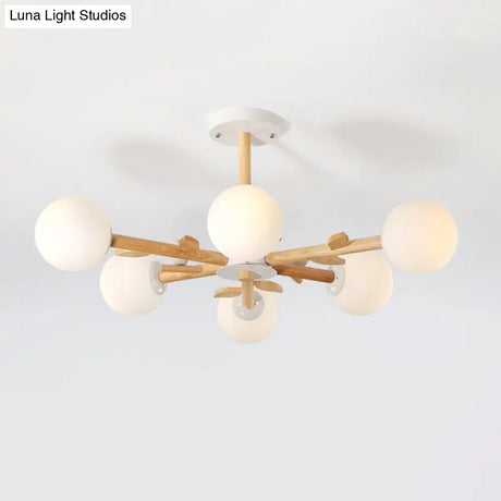 Nordic Wood Radial Chandelier? With White Glass Shade And Bird Decor - Perfect For Bedroom Semi -