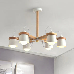 Nordic Wood Semi Flush Ceiling Mount Chandelier With Barrel Lampshade - 6 Bulbs Wheel Style White