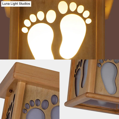 Nordic Wood Square Close To Ceiling Light - 10’ W Flush Mount Fixture With Footprints For Dining