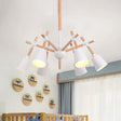 Nordic Wood Swing Arm Chandelier With 6 Bulbs And Conic Lamp Shade In Black/White White