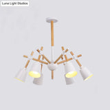 Nordic Wood Swing Arm Chandelier With 6 Bulbs And Conic Lamp Shade In Black/White