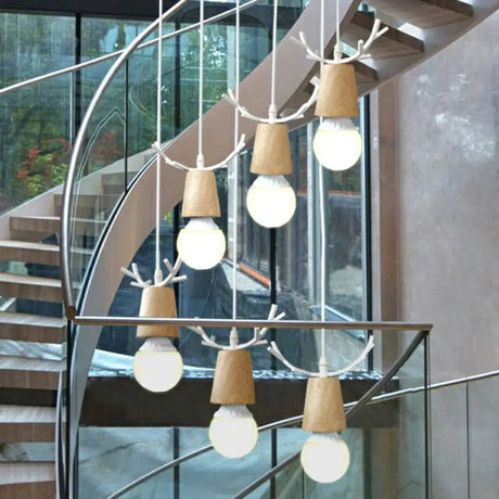 Nordic Wooden Antler Pendant Light With Bare Bulb Design – Ideal For Stairs And Ceilings 6 / White