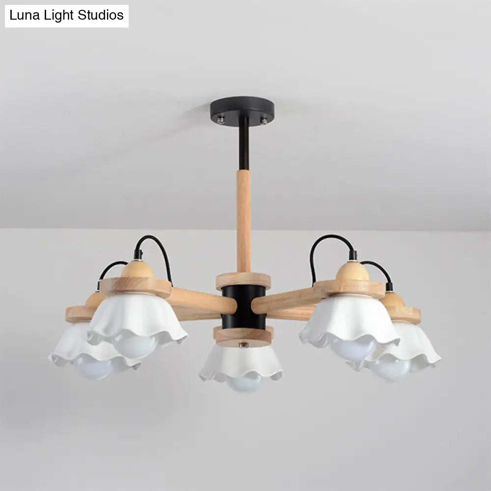 Nordic Wooden Chandelier With Scallop Shades - Perfect For Living Room Ceiling Lighting