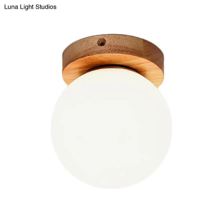 Nordic Wooden Glass Flush Mount Ceiling Light With Milky Globe Modern Lighting Fixture