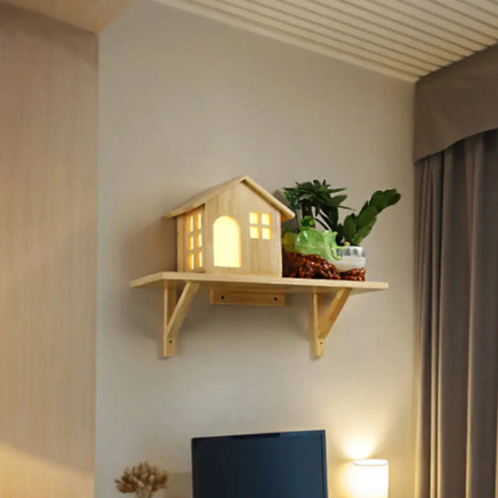 Nordic Wooden Led Wall Sconce With Storage Shelf - Beige Lodge Lamp Warm/White Light