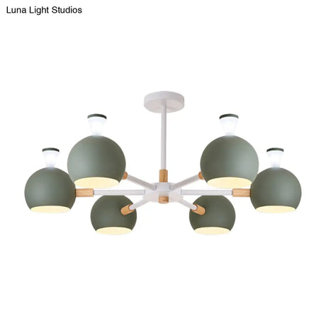 Nursing Room Snowflake Chandelier - 6-Head Wood Ceiling Pendant With Spherical Shade