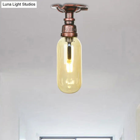 One Light Capsule Semi Flush Industrial Weathered Copper Amber Glass Fixture With Pipe Design