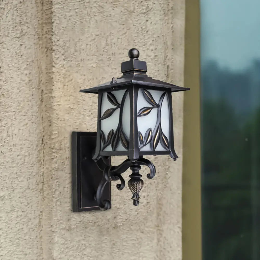 Opal Glass Black Sconce Shade Lantern - Countryside Wall Lighting With Leaf Design