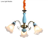 Opal Glass Ceiling Chandelier With Flower Design - Traditional 3/5 Heads Light Blue/Pewter