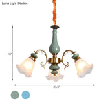 Opal Glass Ceiling Chandelier With Flower Design - Traditional 3/5 Heads Light Blue/Pewter
