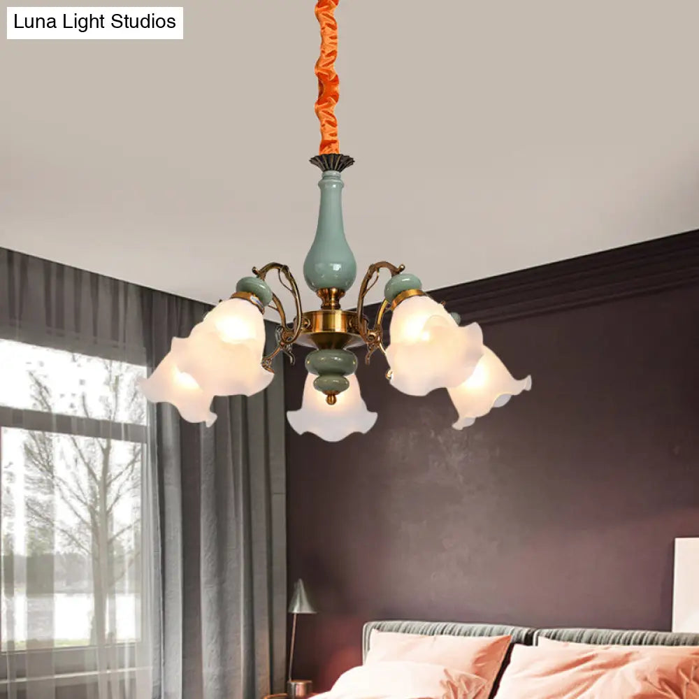 Opal Glass Ceiling Chandelier With Flower Design - Traditional 3/5 Heads Light Blue/Pewter