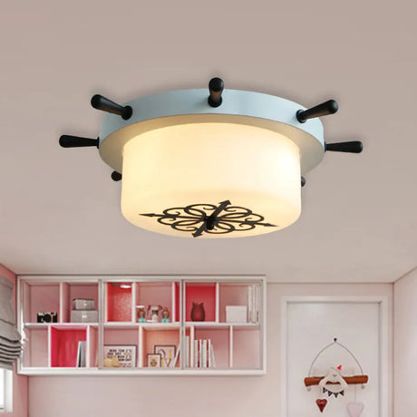 Opal Glass Drum Flush Mount Fixture - 3 Bulbs White/Light Blue/Blackish Green Light Blue