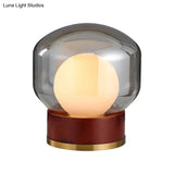 Opal Glass Globe Night Light With Wood Base - Countryside Bedroom Table Lamp In Brown