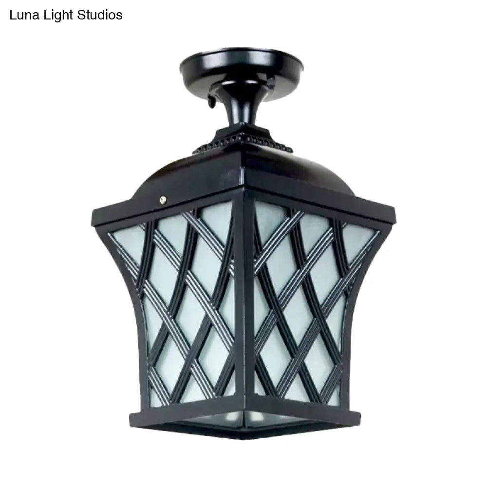 Opal Glass Lantern Semi Flush Mount Country Balcony Light In Black/Bronze - Metal X - Frame 1