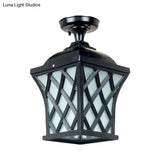 Opal Glass Lantern Semi Flush Mount Country Balcony Light In Black/Bronze - Metal X - Frame 1