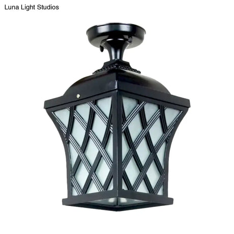 Opal Glass Lantern Semi Flush Mount Country Balcony Light In Black/Bronze - Metal X - Frame 1