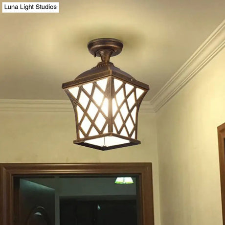 Opal Glass Lantern Semi Flush Mount Country Balcony Light In Black/Bronze - Metal X - Frame 1