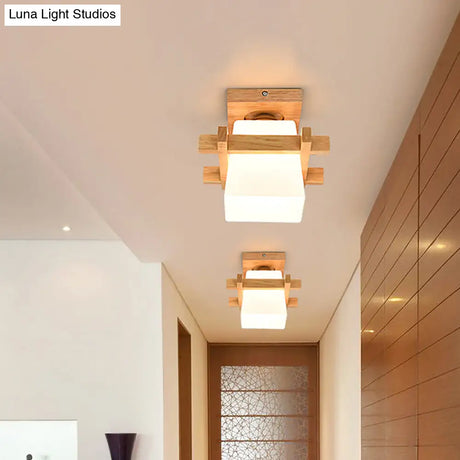 Opal Glass Led Ceiling Fixture With Wood Antler/Square/Round Design - Beige Flushmount