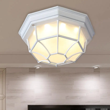 Opal Glass Octagonal Bedroom Flushmount Lodge With 1-Head Modern White/Black Finish – Flush Mount