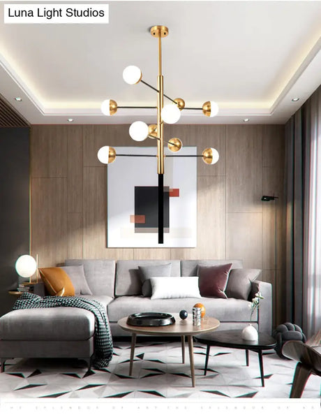 Opal Glass Pendant Chandelier - Elegant Gold Vertical Hanging Light For Dining Room
