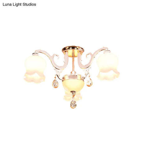 Opal Glass Semi Flush Ceiling Light With Crystal Drop - Traditional Scalloped Design In Gold