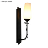 Opal Glass Vintage Style Tapered Wall Lamp - Single Light Black Sconce For Living Room