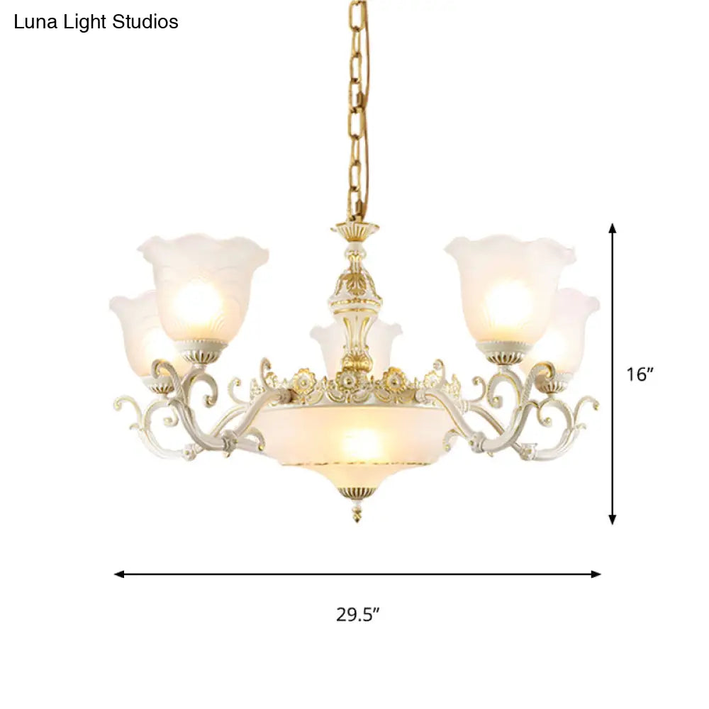 Opaline Glass Flower Ceiling Lamp - Traditional Pendant Chandelier White/Gold 5/7-Light For Drawing