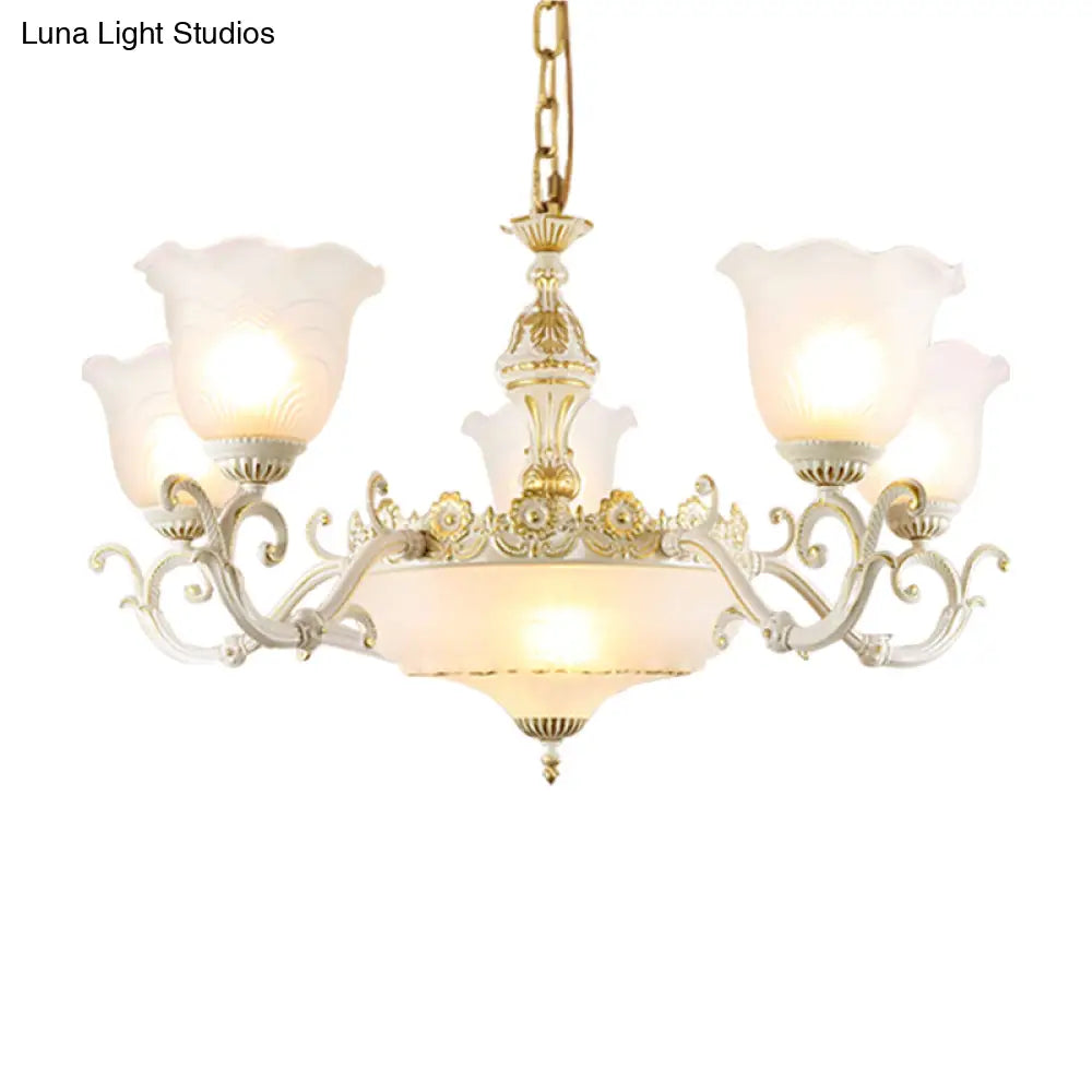 Opaline Glass Flower Ceiling Lamp - Traditional Pendant Chandelier White/Gold 5/7-Light For Drawing