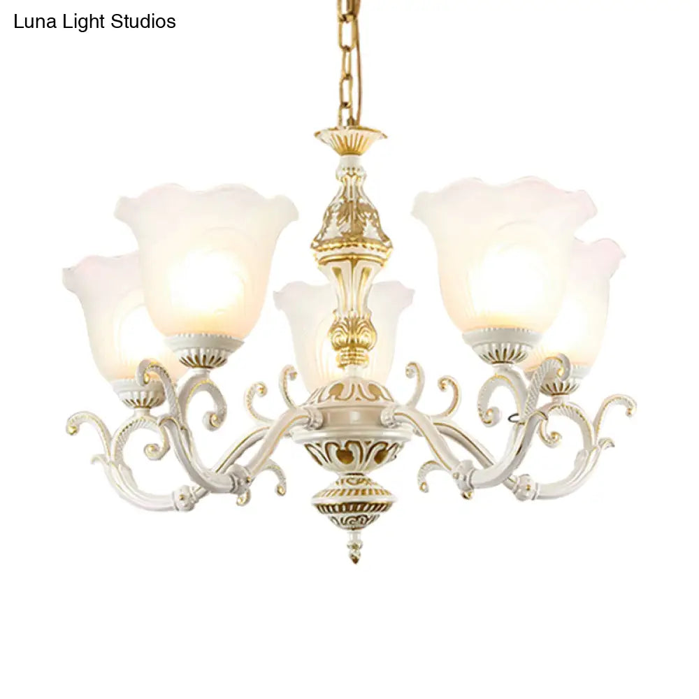 Opaline Glass Flower Ceiling Lamp - Traditional Pendant Chandelier White/Gold 5/7-Light For Drawing