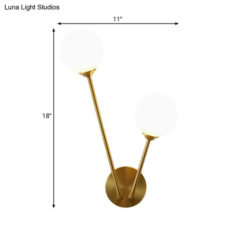 Opaline Glass Globe Led Wall Light Fixture - Mid Century Brass Mount Lamp With 2 Lights