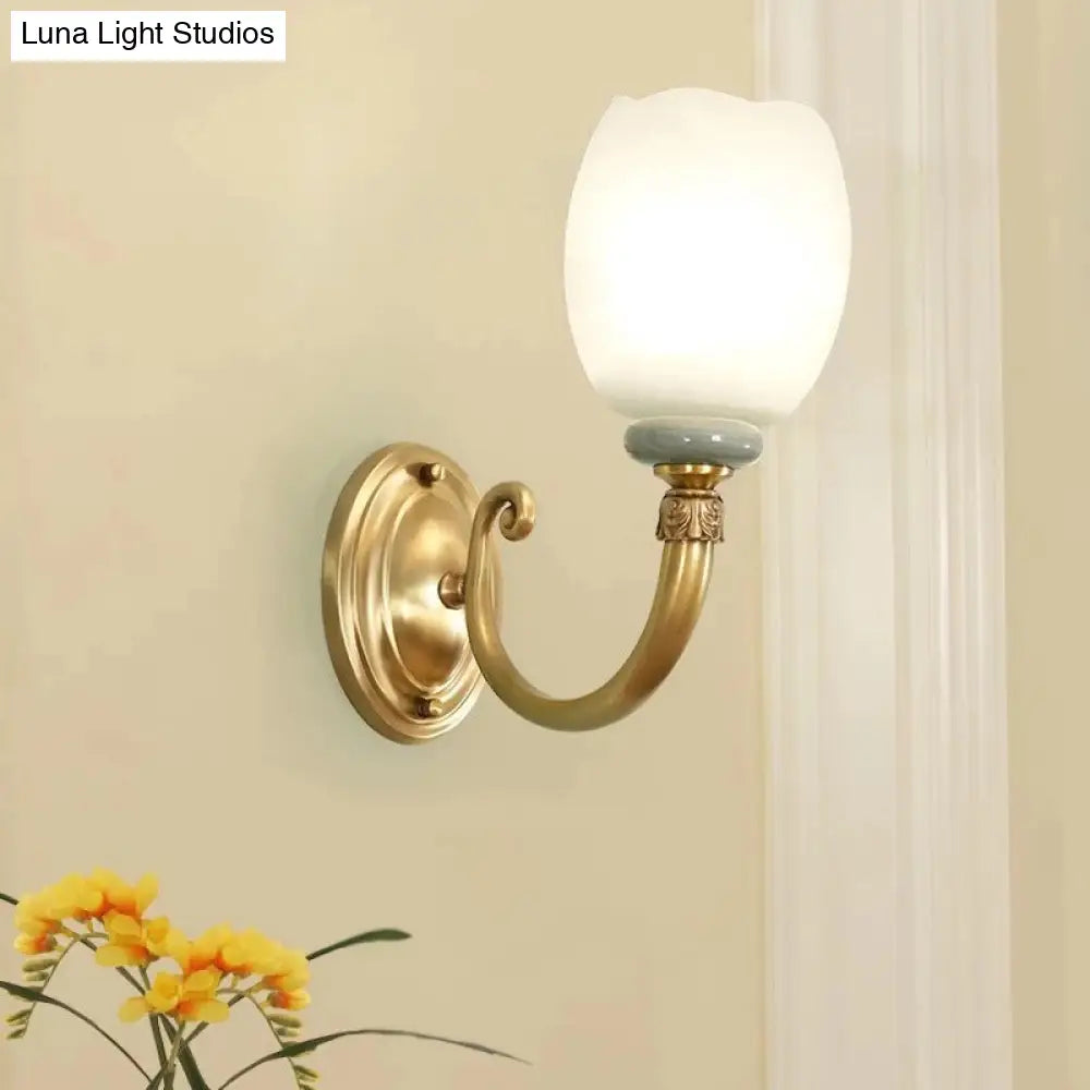 Opaline Glass Petal Wall Lamp: Vintage 1/2-Light Sconce In Brass For Living Room