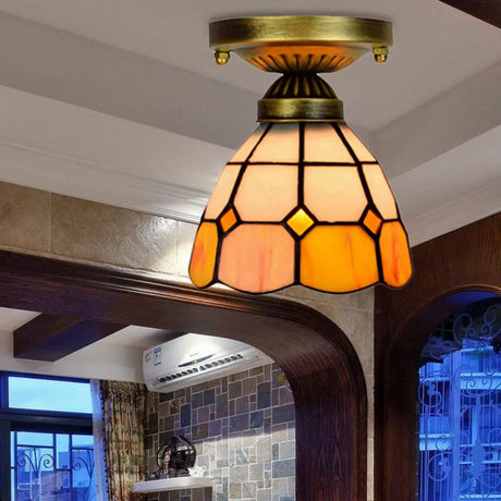 Orange Art Glass Ceiling Lamp - Tiffany Style Grid Bowl Mount For Bathroom 8’/6’ Width / 6’