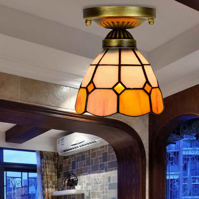 Orange Art Glass Ceiling Lamp - Tiffany Style Grid Bowl Mount For Bathroom 8’/6’ Width / 6’