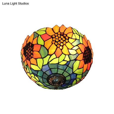 Orange Bowl Stained Glass Ceiling Light Fixture - Splendid Flushmount With Flower Pattern For