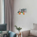 Orange Stained Glass Peony Wall Mount Tiffany Sconce Light With Curved Arm - 2 Heads