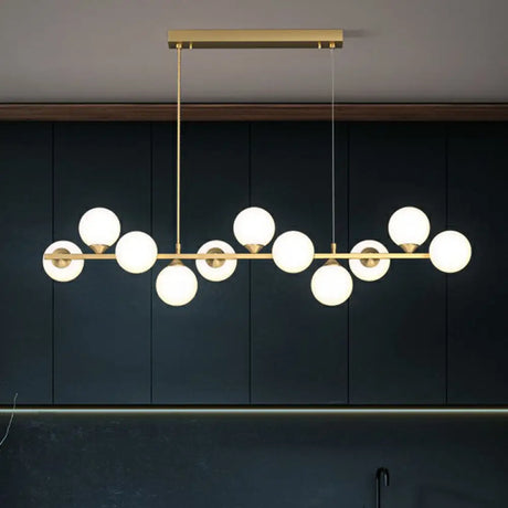 Orb White Glass Shade Island Hanging Light - 11-Light Postmodern Restaurant Lamp Gold