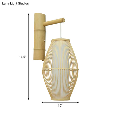 Oriental Oval Wall Light Sconce With Bamboo Lantern Design - 1-Light Beige Lamp