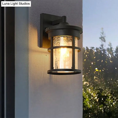 Outdoor Vintage Crackle Glass Cylinder Wall Sconce Lamp - 1 Light Black Fixture 6/8 Wide