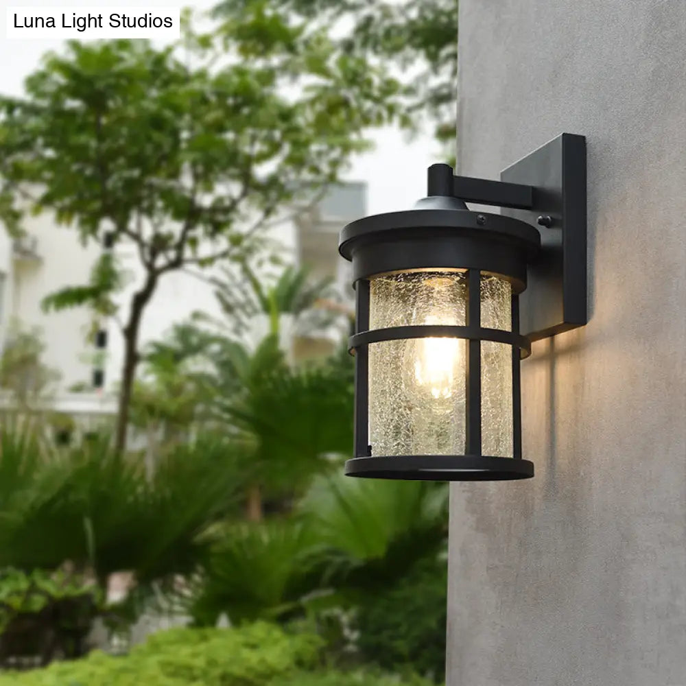 Outdoor Vintage Crackle Glass Cylinder Wall Sconce Lamp - 1 Light Black Fixture 6/8 Wide