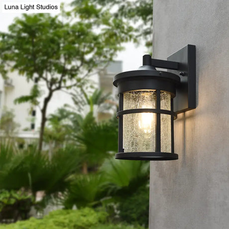 Outdoor Vintage Crackle Glass Cylinder Wall Sconce Lamp - 1 Light Black Fixture 6/8 Wide