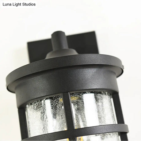 Outdoor Vintage Crackle Glass Cylinder Wall Sconce Lamp - 1 Light Black Fixture 6/8 Wide