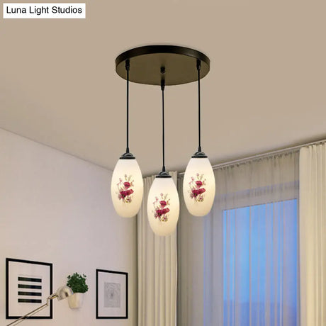 Oval Multi-Pendant Modern Ceiling Hang Fixture - 3 Lights Black Finish White Printed Glass