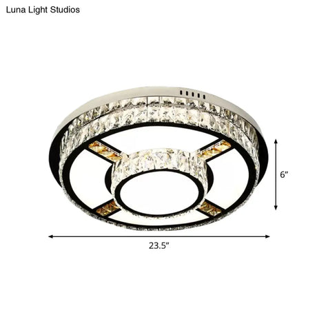 P Stainless - Steel Flushmount Light With Clear Faceted Crystal Shade - Flower/Round Design